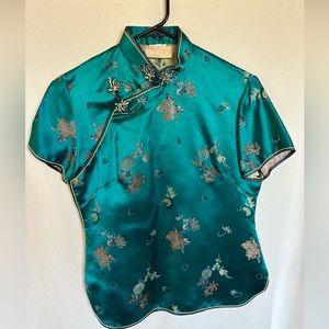 VTG 80’s Hong Kong Embroidered Green Top Lined Floral Gorgeous Estate 100% Rayon
